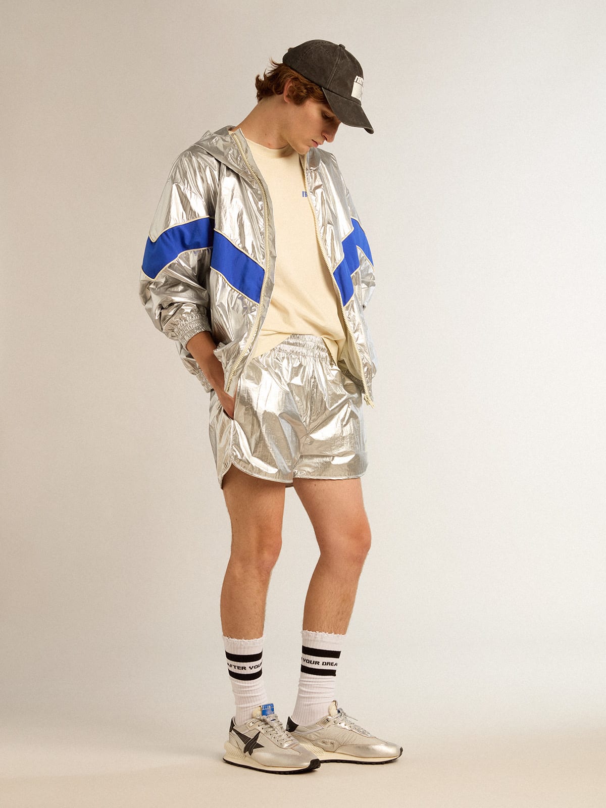 Men's running shorts in silver fabric