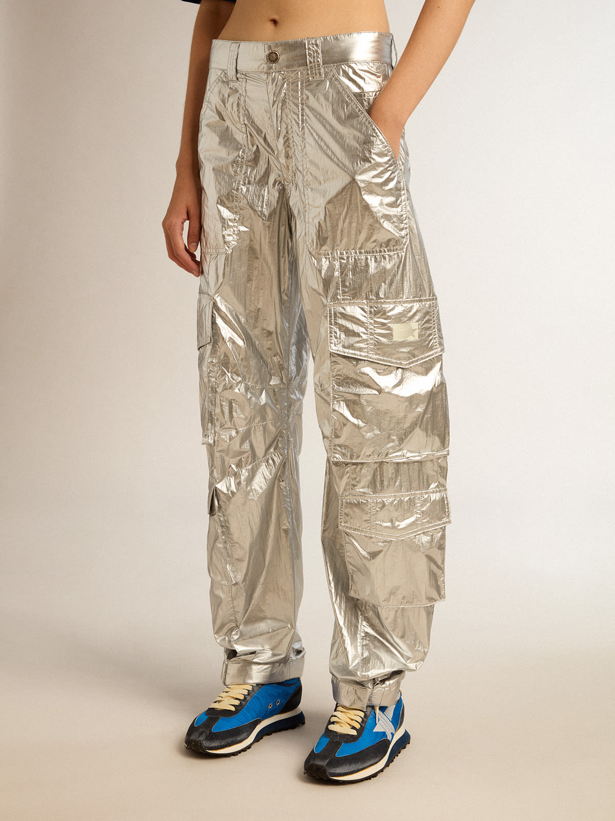 Women's cargo pants in silver technical fabric | Golden Goose