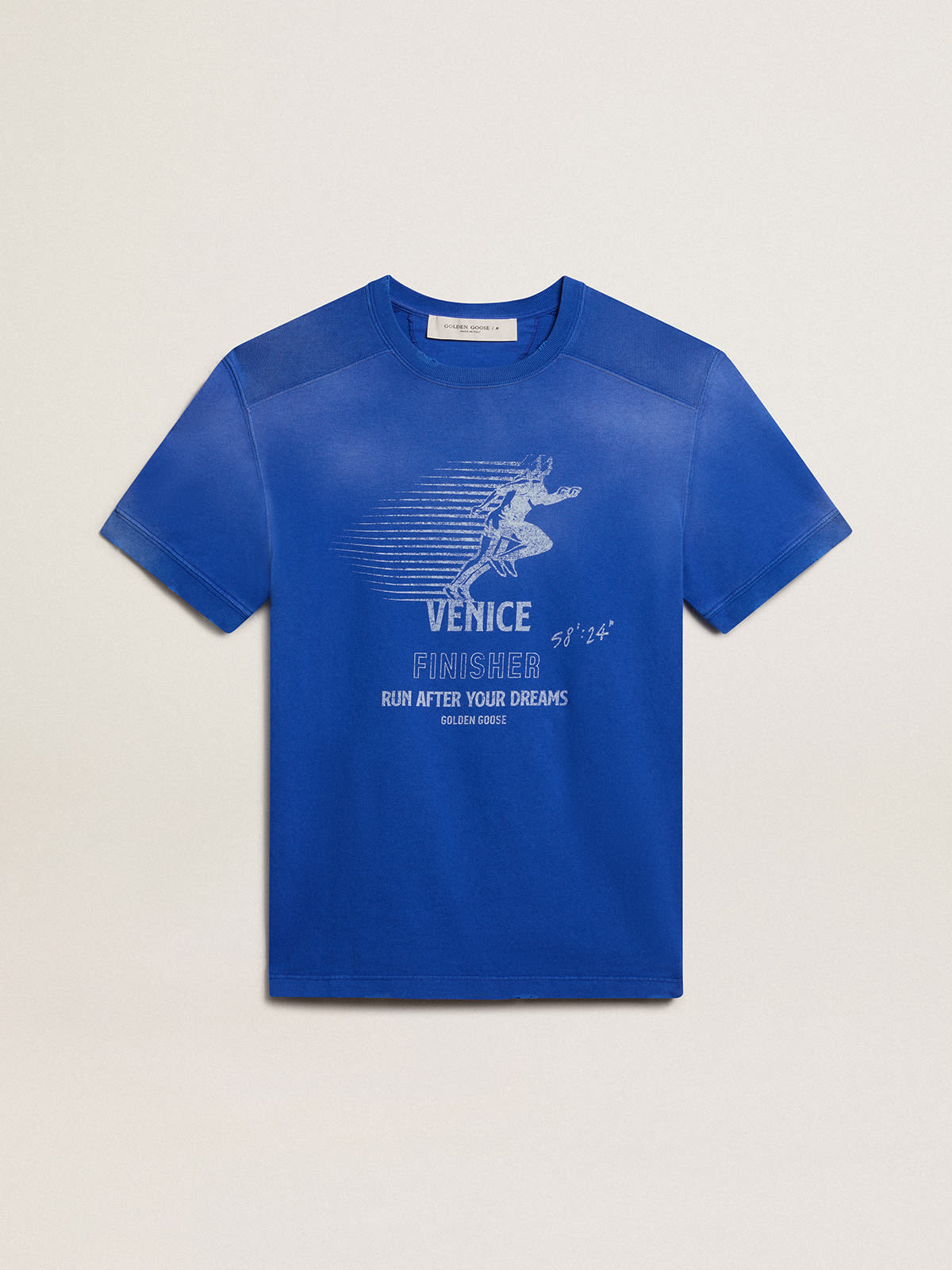 Golden Goose - Camiseta de algodón color azul con póster Marathon en el delantero in 