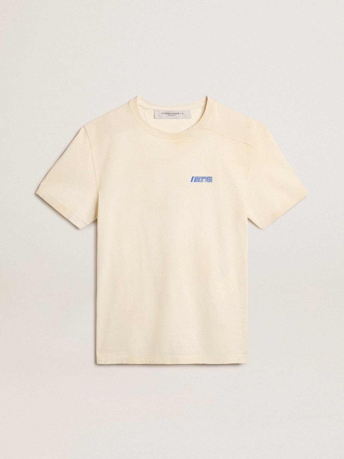 Golden Goose - Aged white cotton T-shirt with blue Marathon logo in 