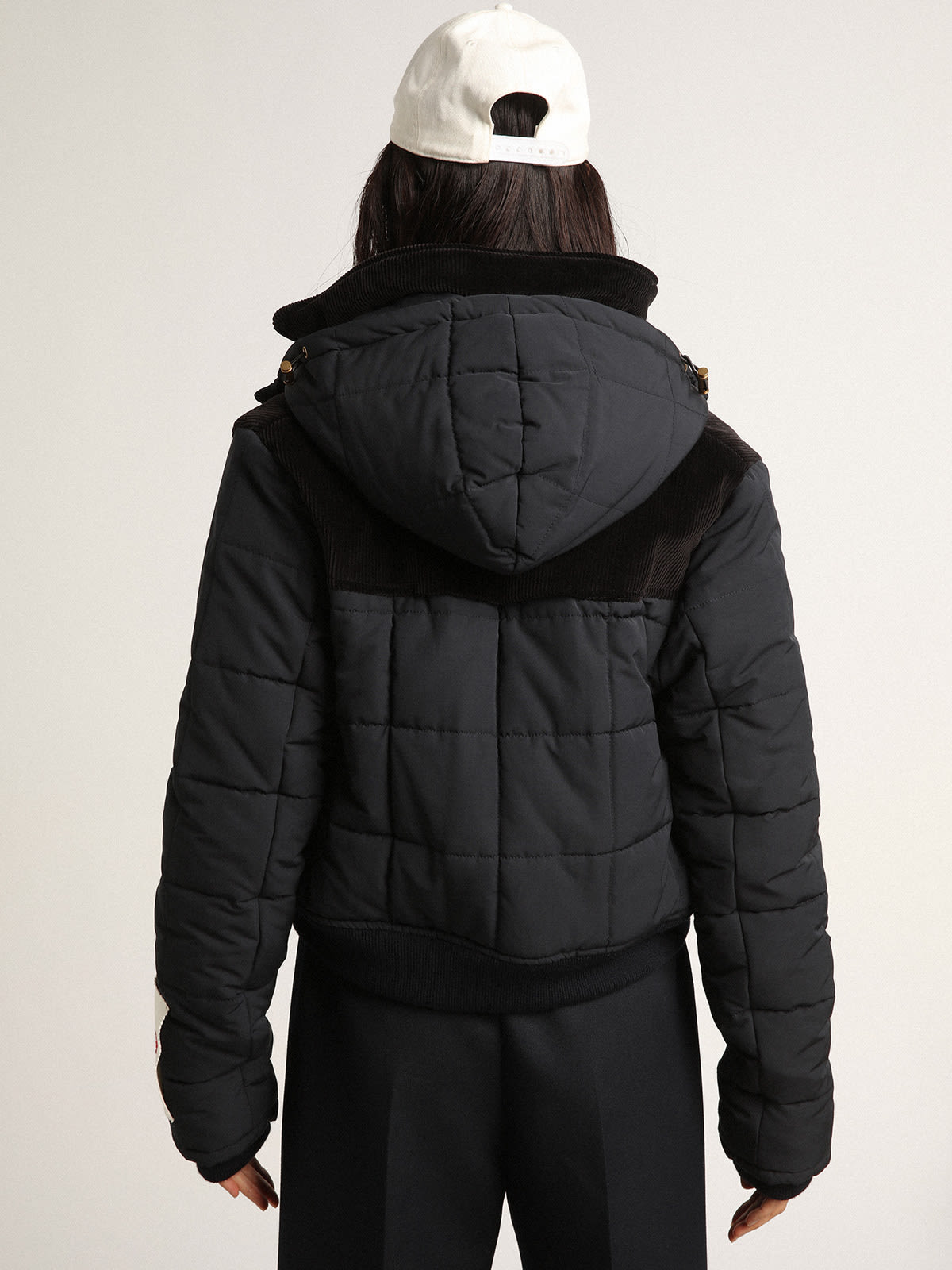 Women's padded jacket in dark blue nylon and black cotton corduroy