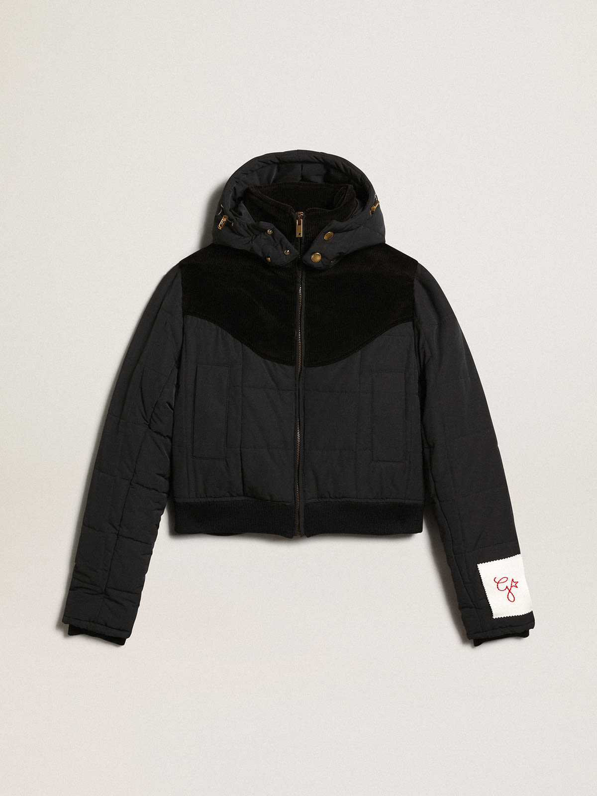 Women's padded jacket in dark blue nylon and black cotton corduroy | Golden  Goose