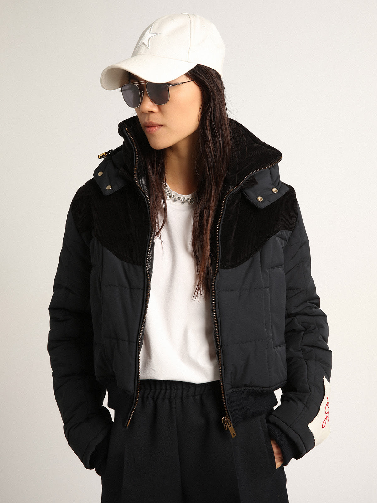 Women\'s padded jacket in dark blue nylon and black cotton corduroy | Golden  Goose