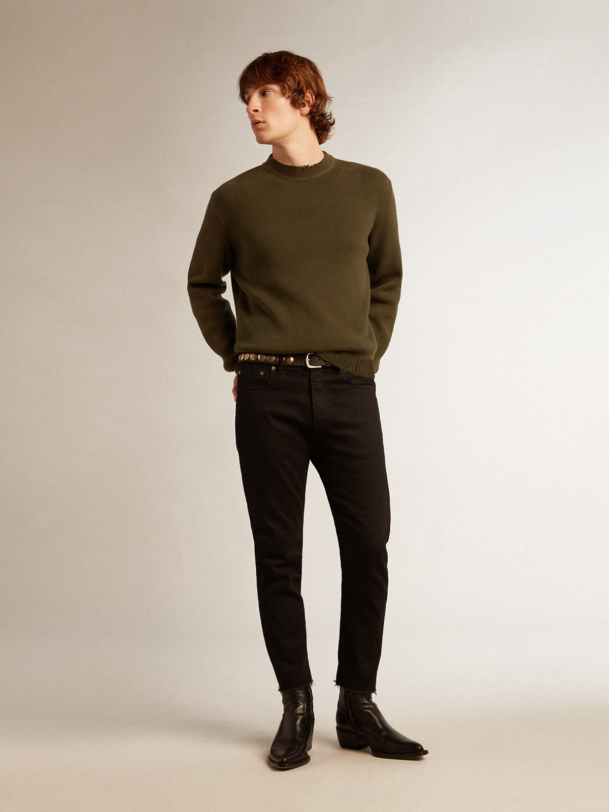 Golden Goose - Men's round-neck sweater in military green cotton in 