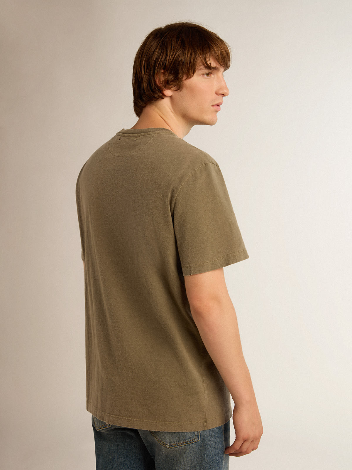 Golden Goose - T-shirt homme vert olive avec inscription Golden in 