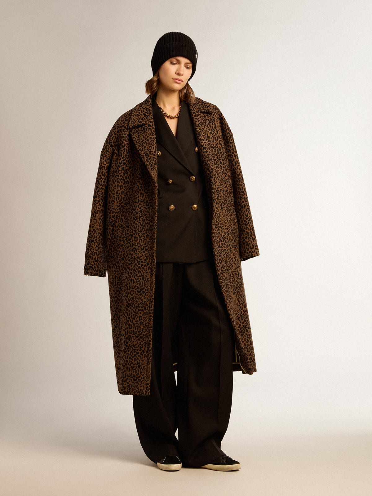 Women's single-breasted cocoon coat in wool with jacquard motif