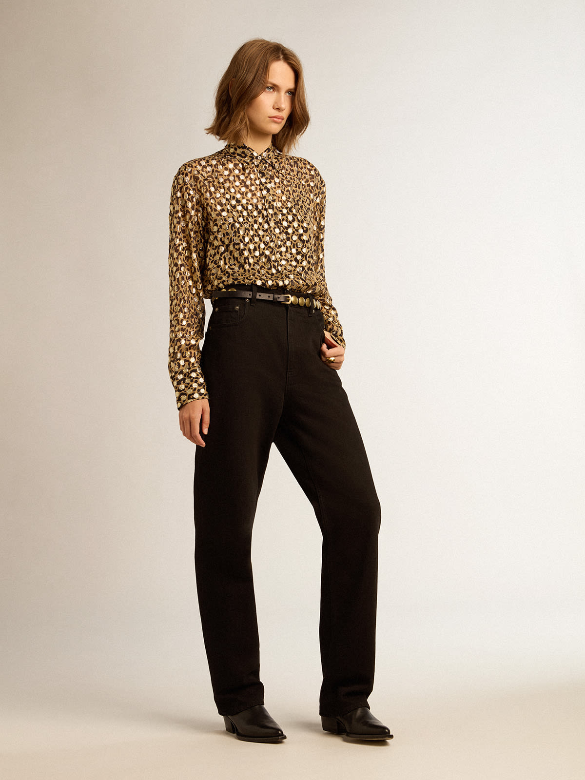 Golden Goose - Women's boyfriend shirt with animal print and gold fil coupé in 