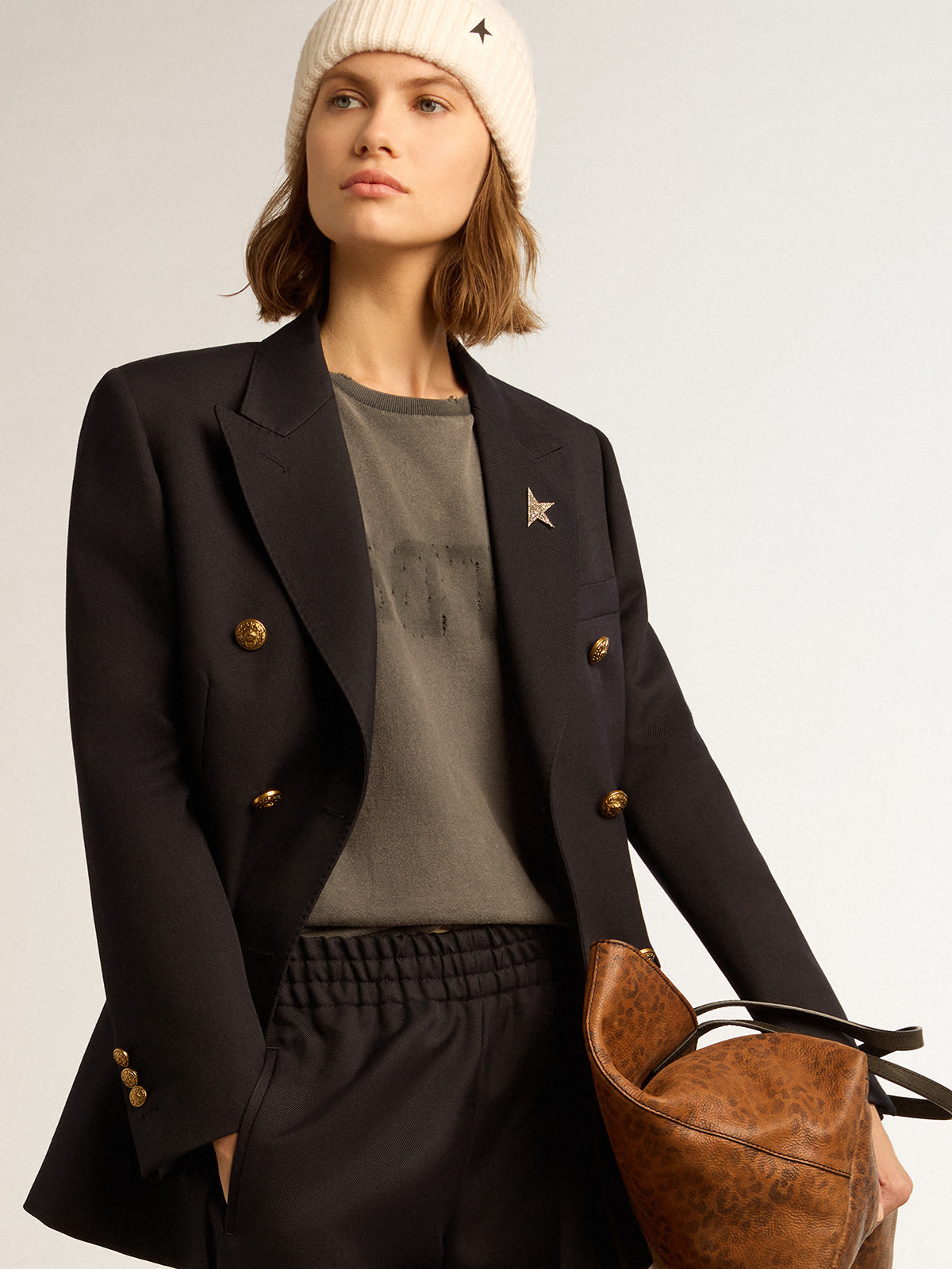 Women's Black Double Breasted Blazer, Black Leather Leggings, Beige Leather  Pumps, Black Leather Crossbody Bag