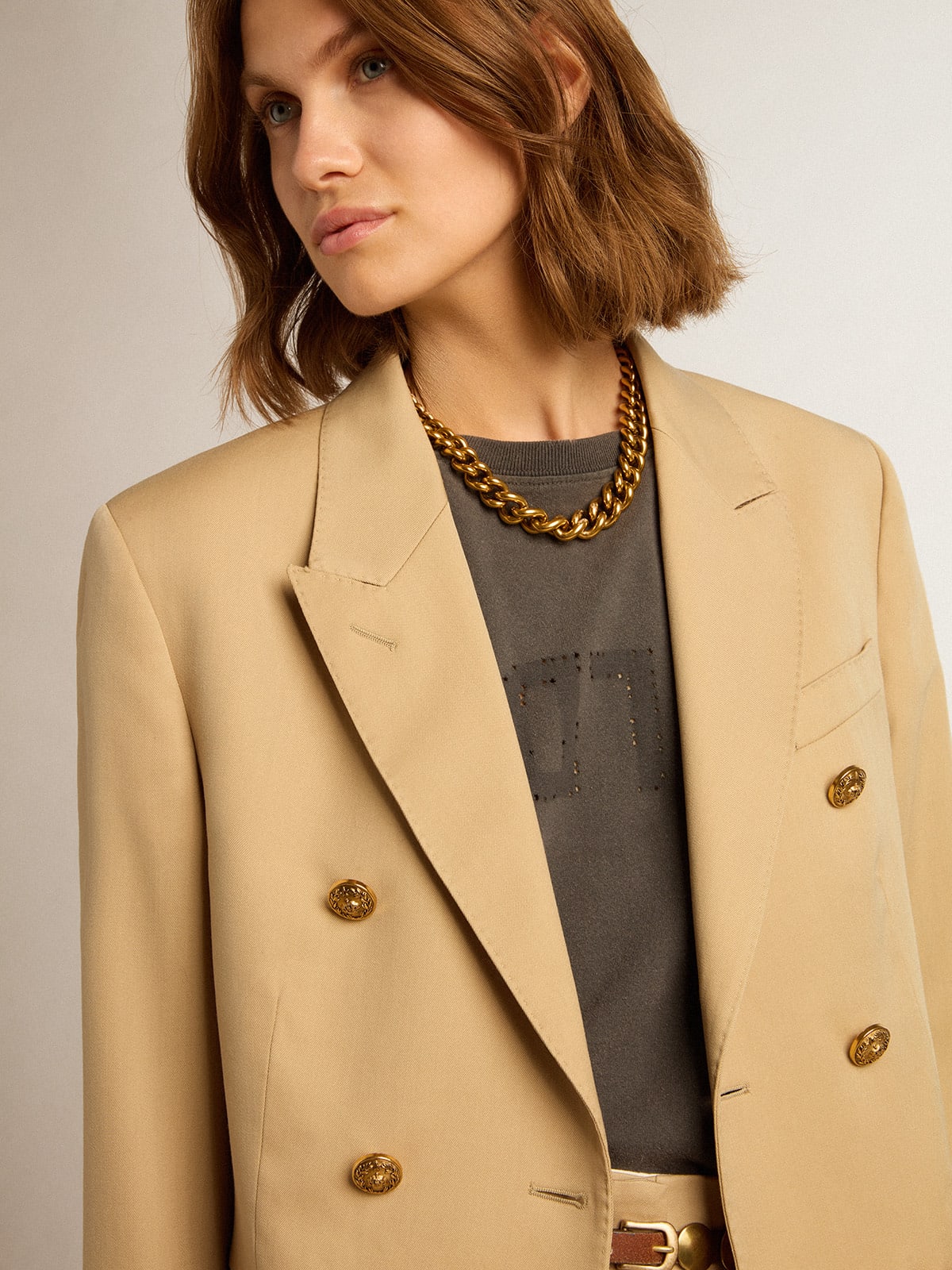 Golden Goose - Women’s double-breasted blazer in sand with gold heraldic buttons in 