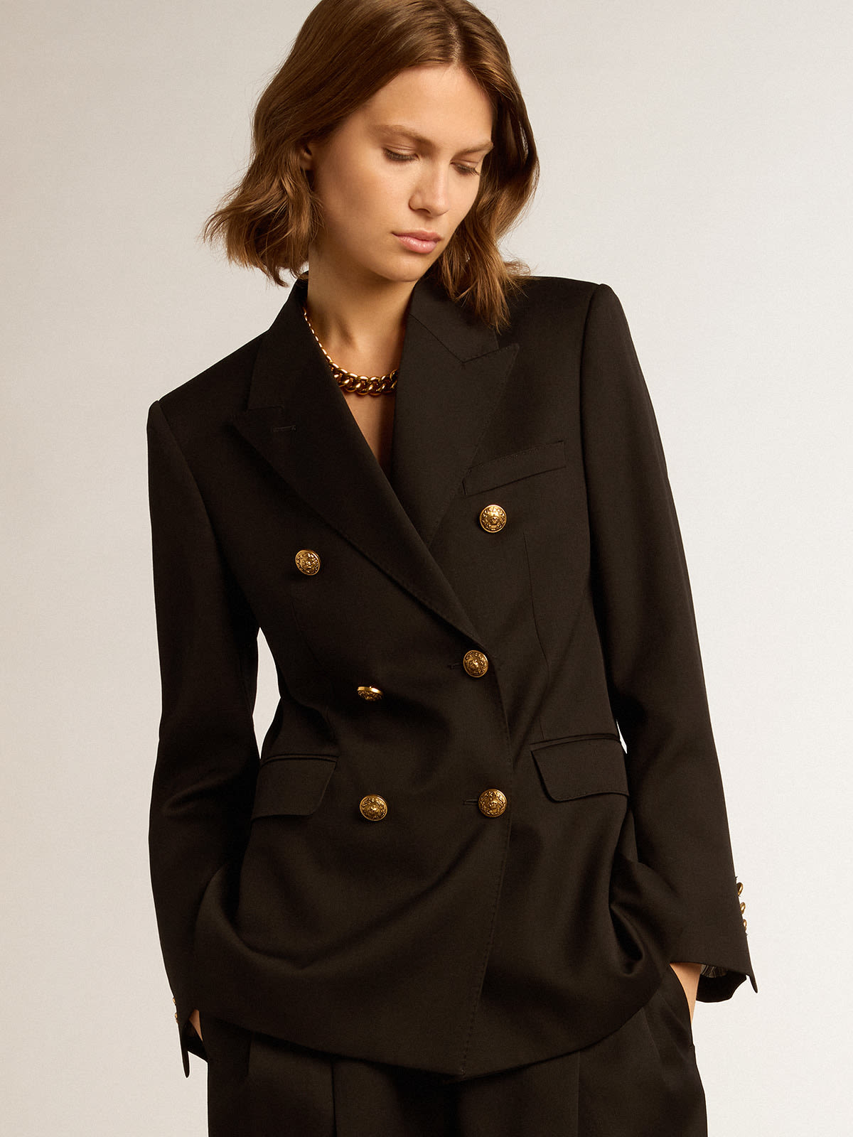 Womens black 2024 blazer gold buttons