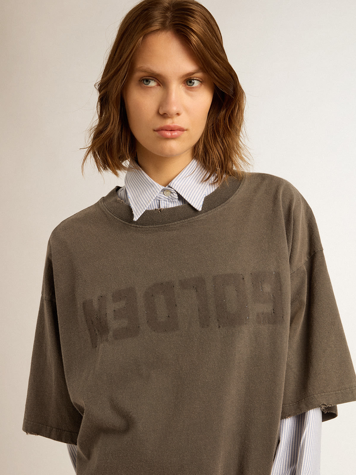 Women's gray T-shirt dress with distressed treatment | Golden Goose