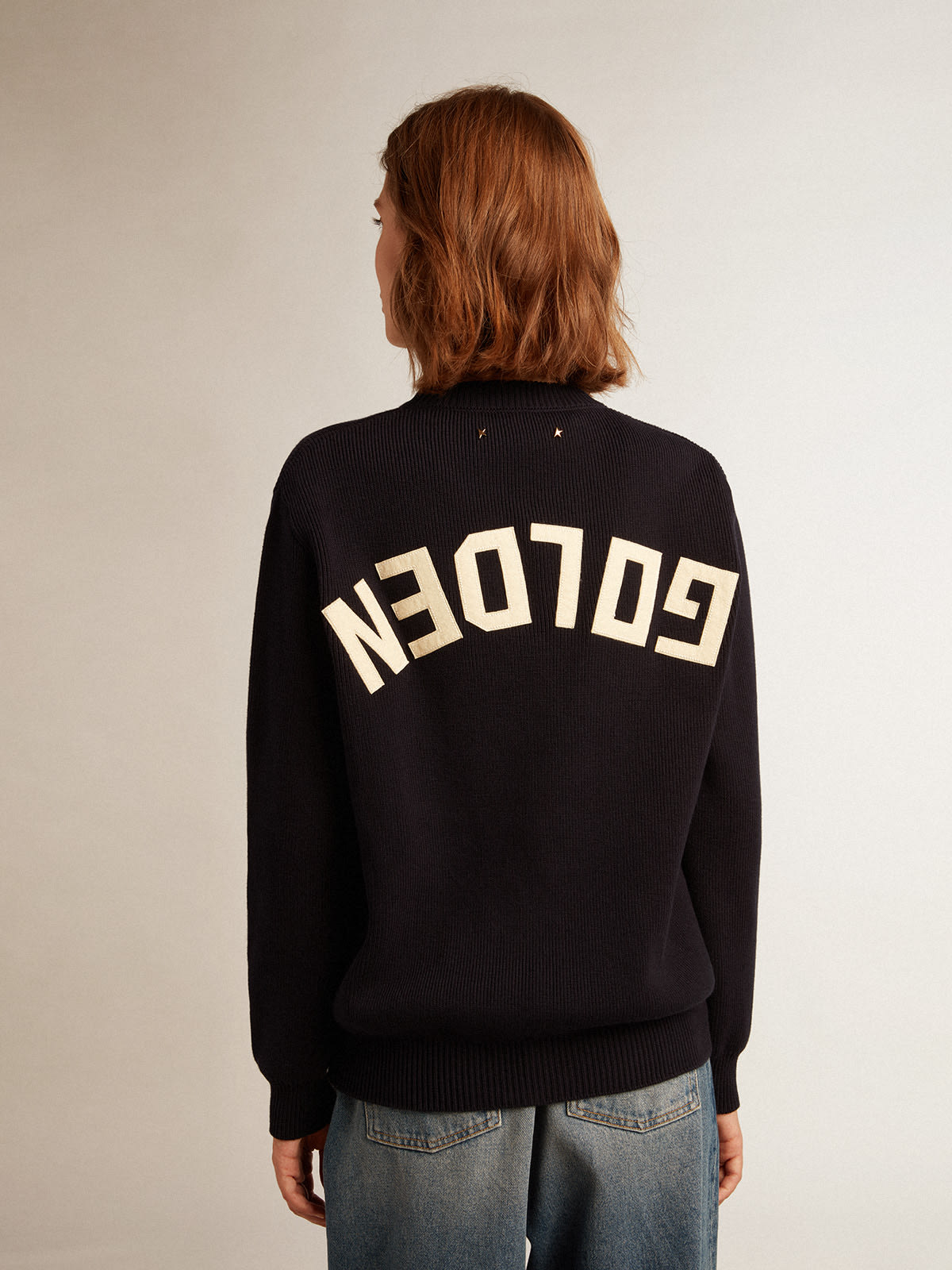 Women's round-neck sweater in dark blue cotton with logo on the back