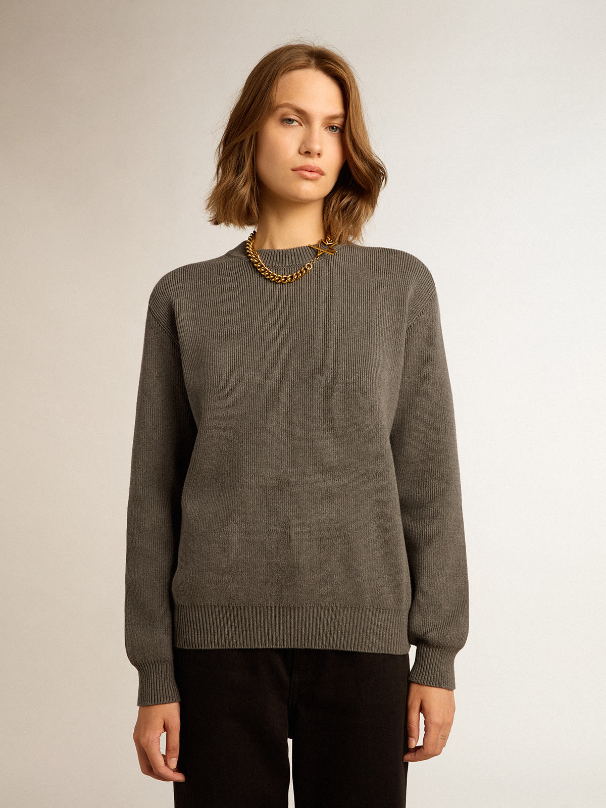Golden Goose - Women's round-neck sweater in dark gray cotton with logo on the back in 