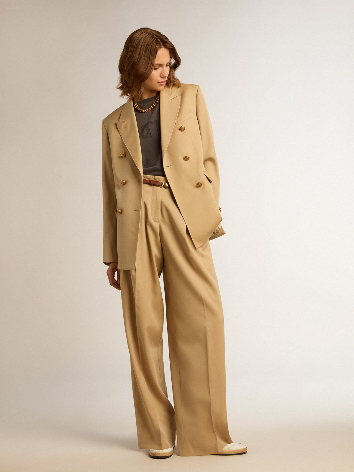 Golden Goose - Pantalon pour femme en gabardine de laine couleur sable in 