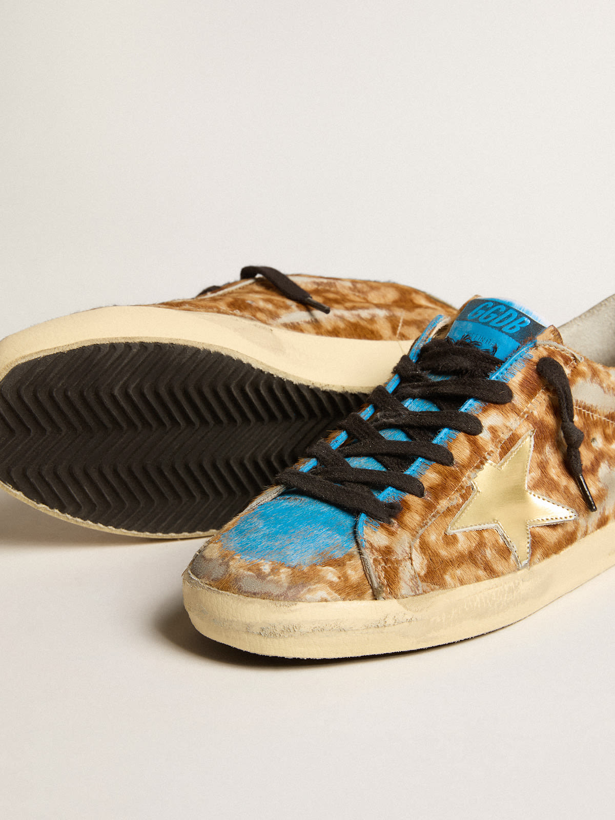 Golden Goose - Men’s Super-Star LAB in leopard pony skin with gold star and gray heel tab in 