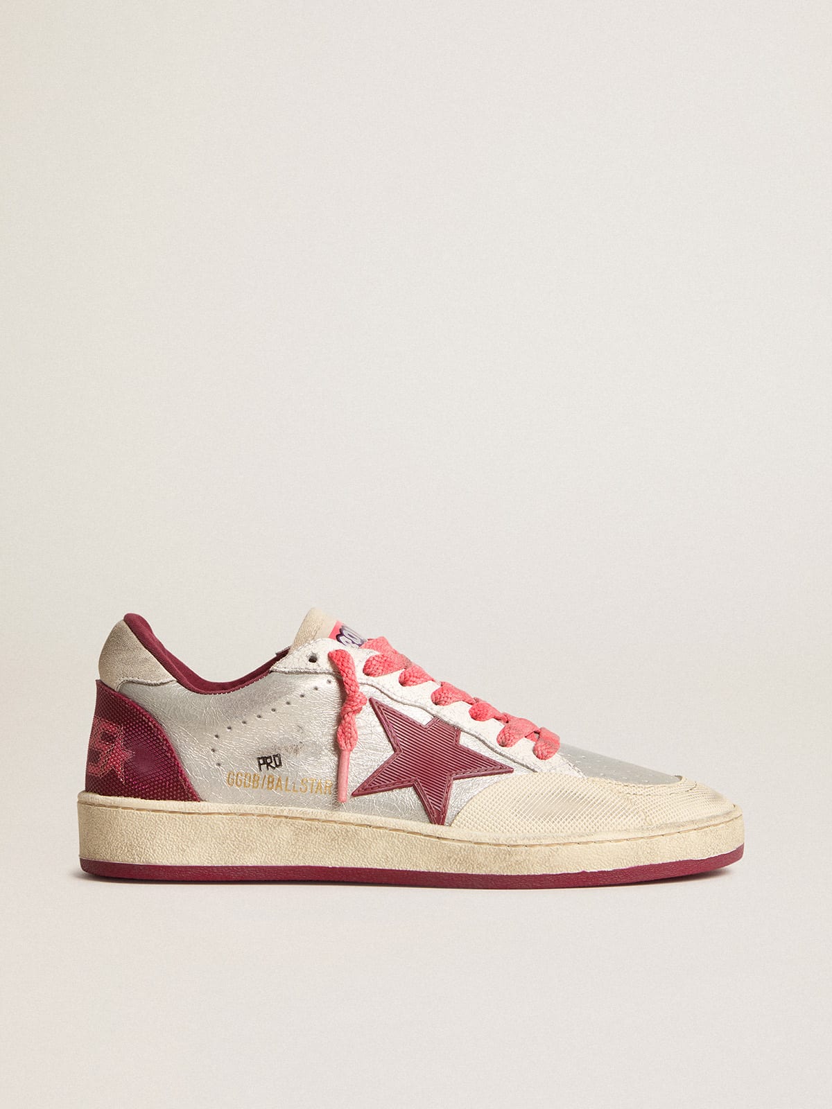 Women’s Ball Star Pro in silver crackle leather with burgundy star