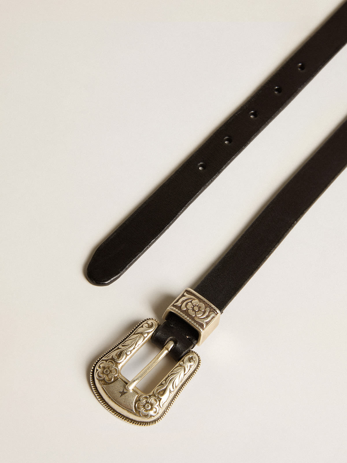 Golden Goose - Black belt in washed leather with silver color buckle in 