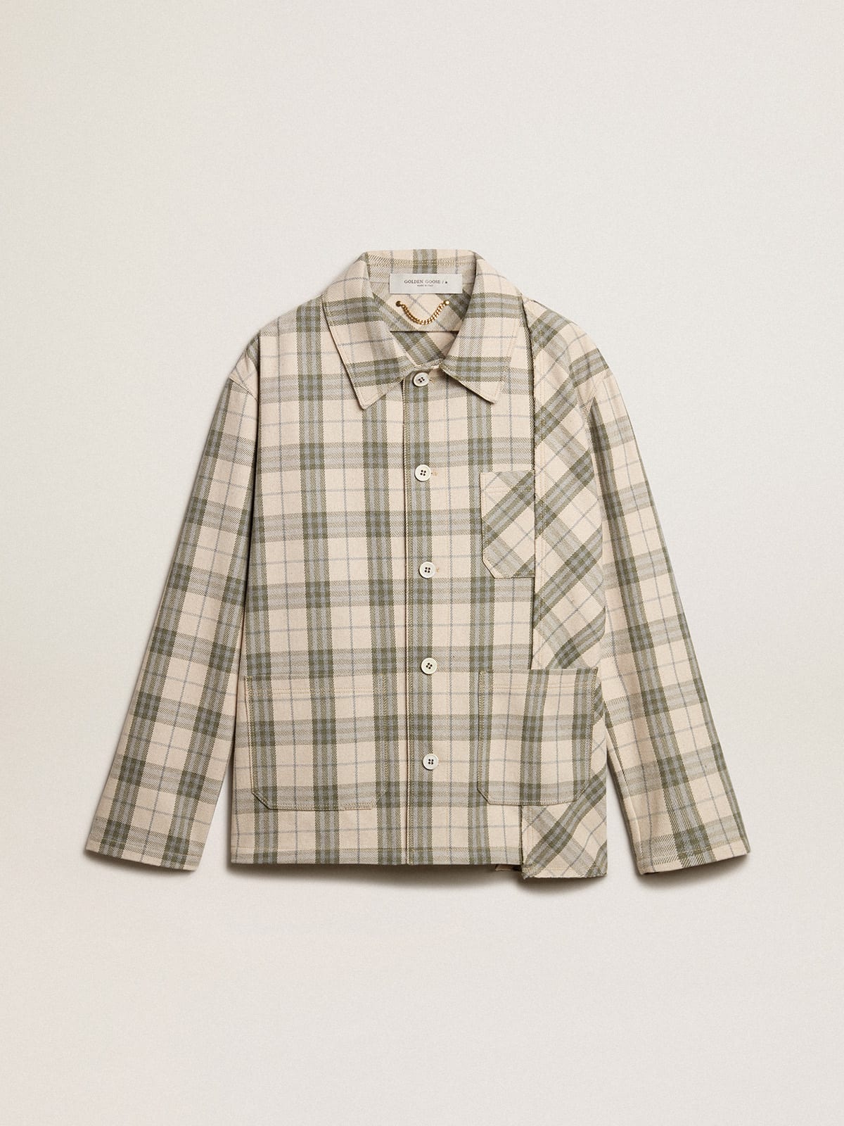 Men's slim-fit shirt made of ecru and green cotton flannel