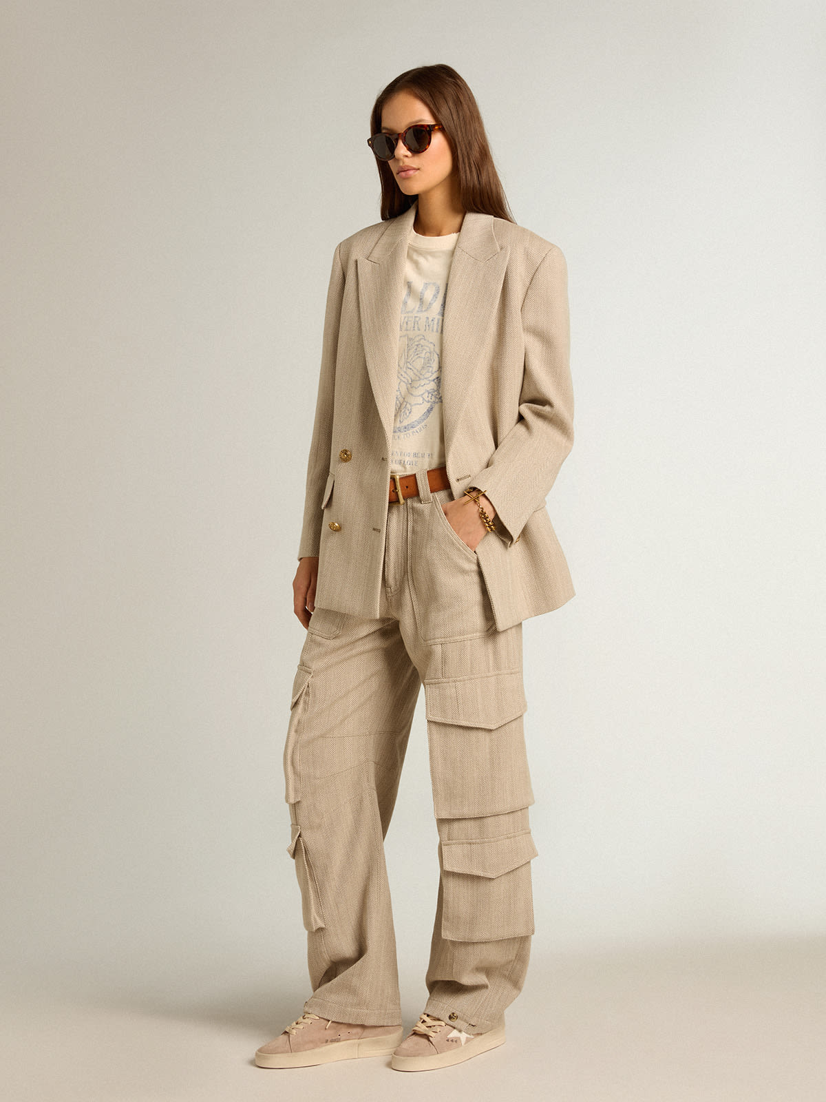 Pantalón de talle alto de mujer en mezcla de lana jaspeada color gris