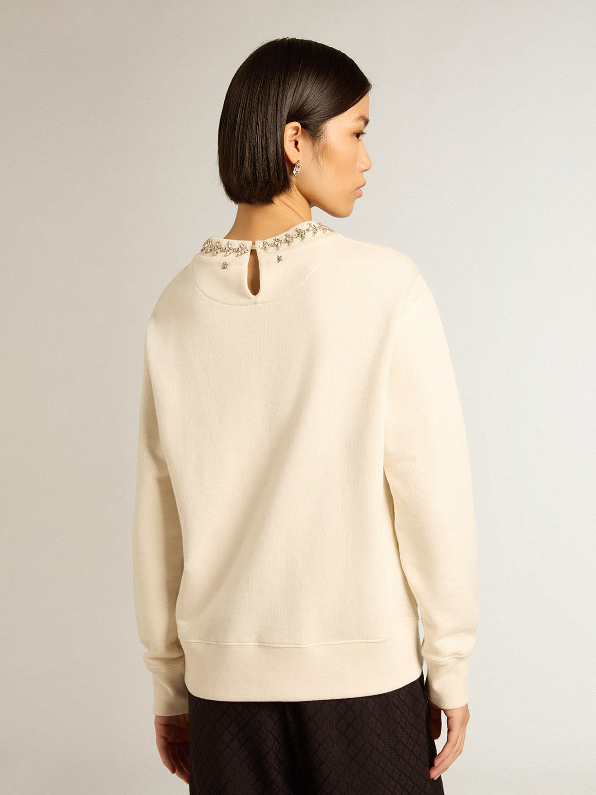 Golden Goose - Round-neck cotton sweatshirt in aged white with hand-applied crystals in 