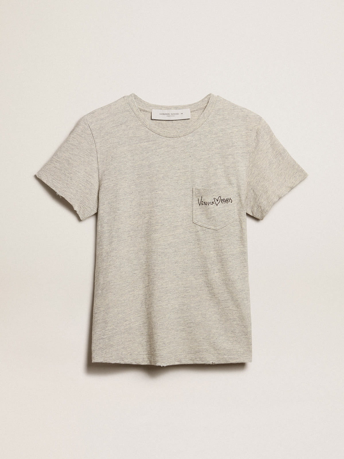 Women's gray melange cotton T-shirt with embroidered lettering