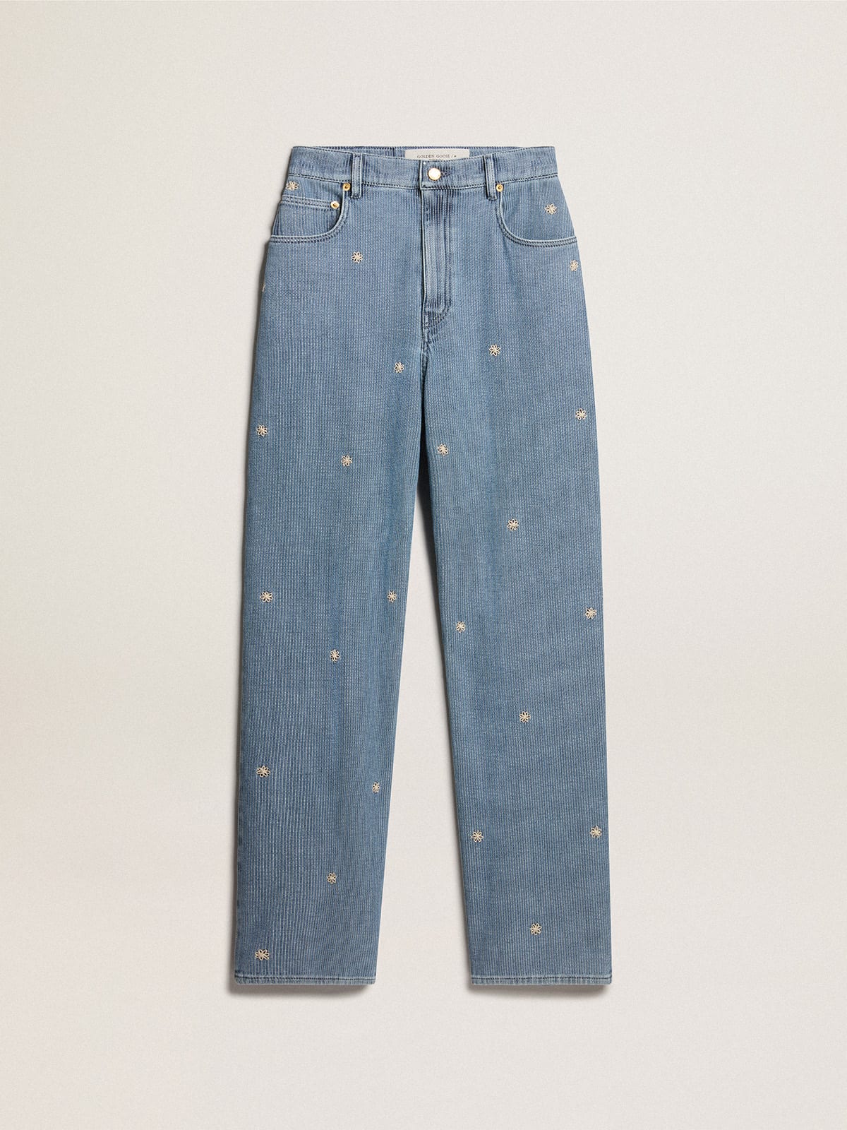 Calça jeans feminina de algodão com flores bordadas