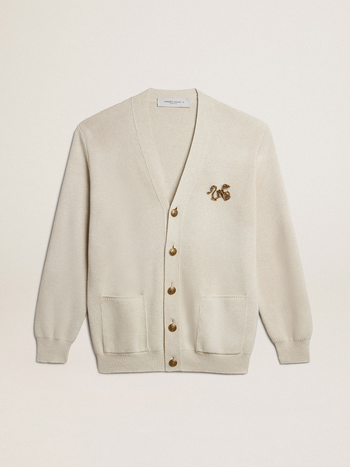 Cardigan in aged white cotton with gold button fastening | Golden ...