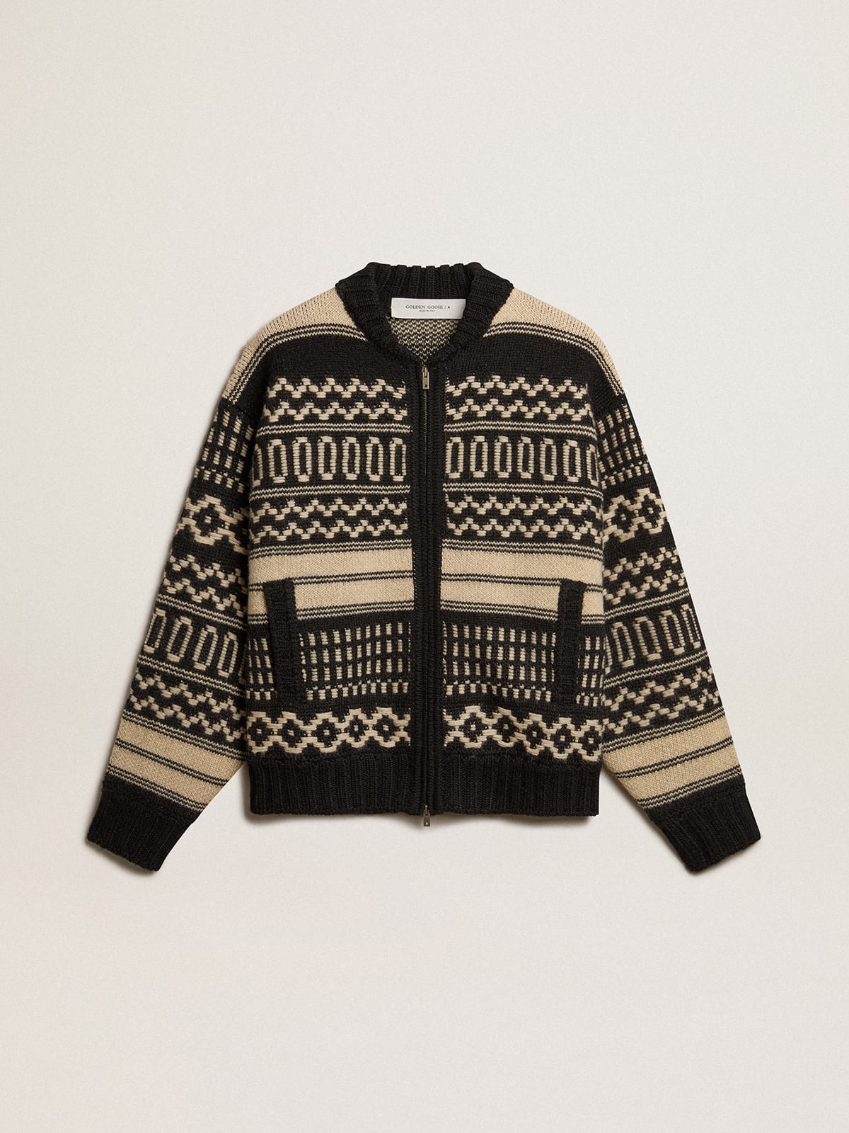 Men's cardigan in ecru wool with jacquard design | Golden Goose