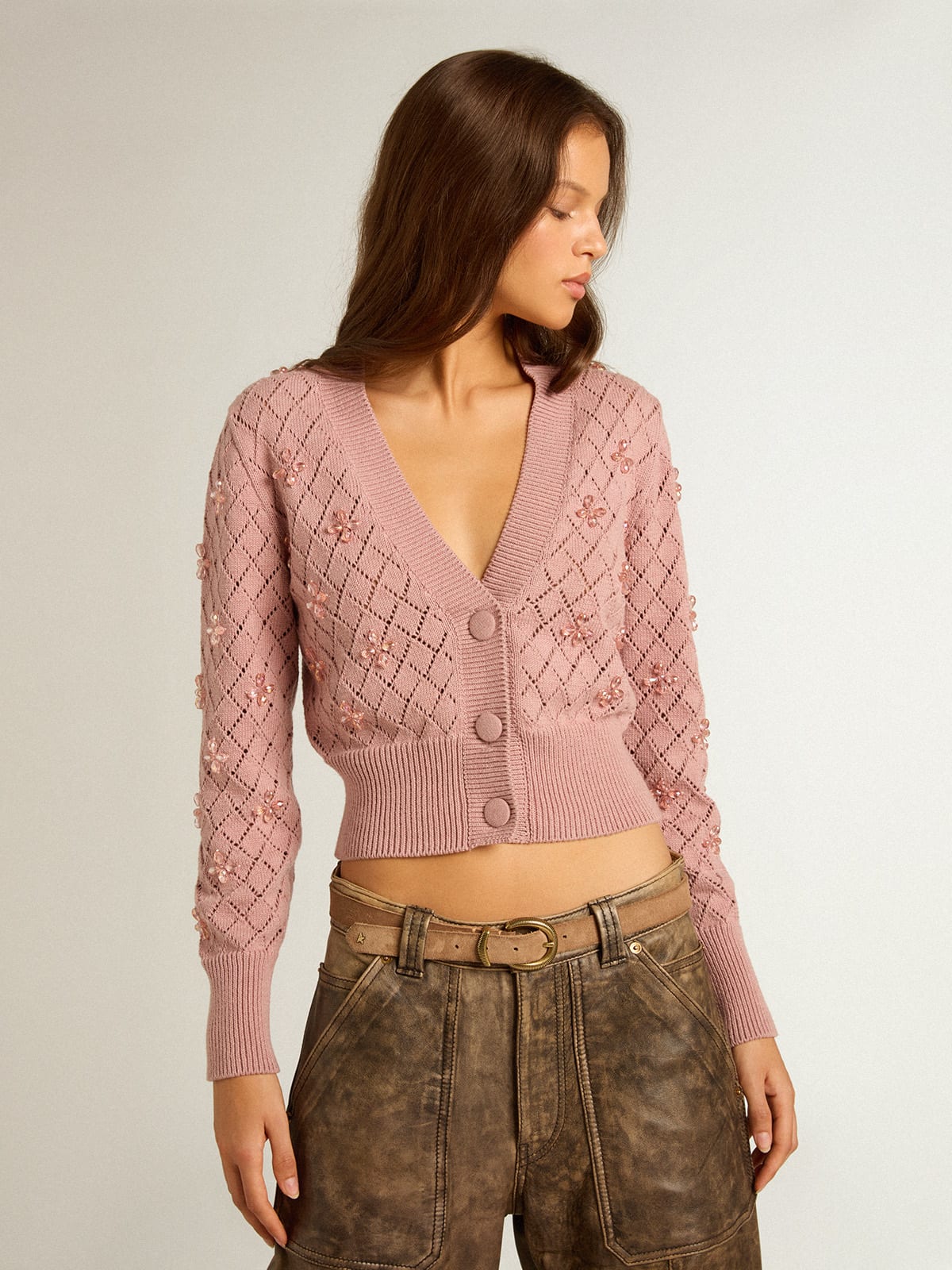 Openwork cotton cropped cardigan with decorative crystals