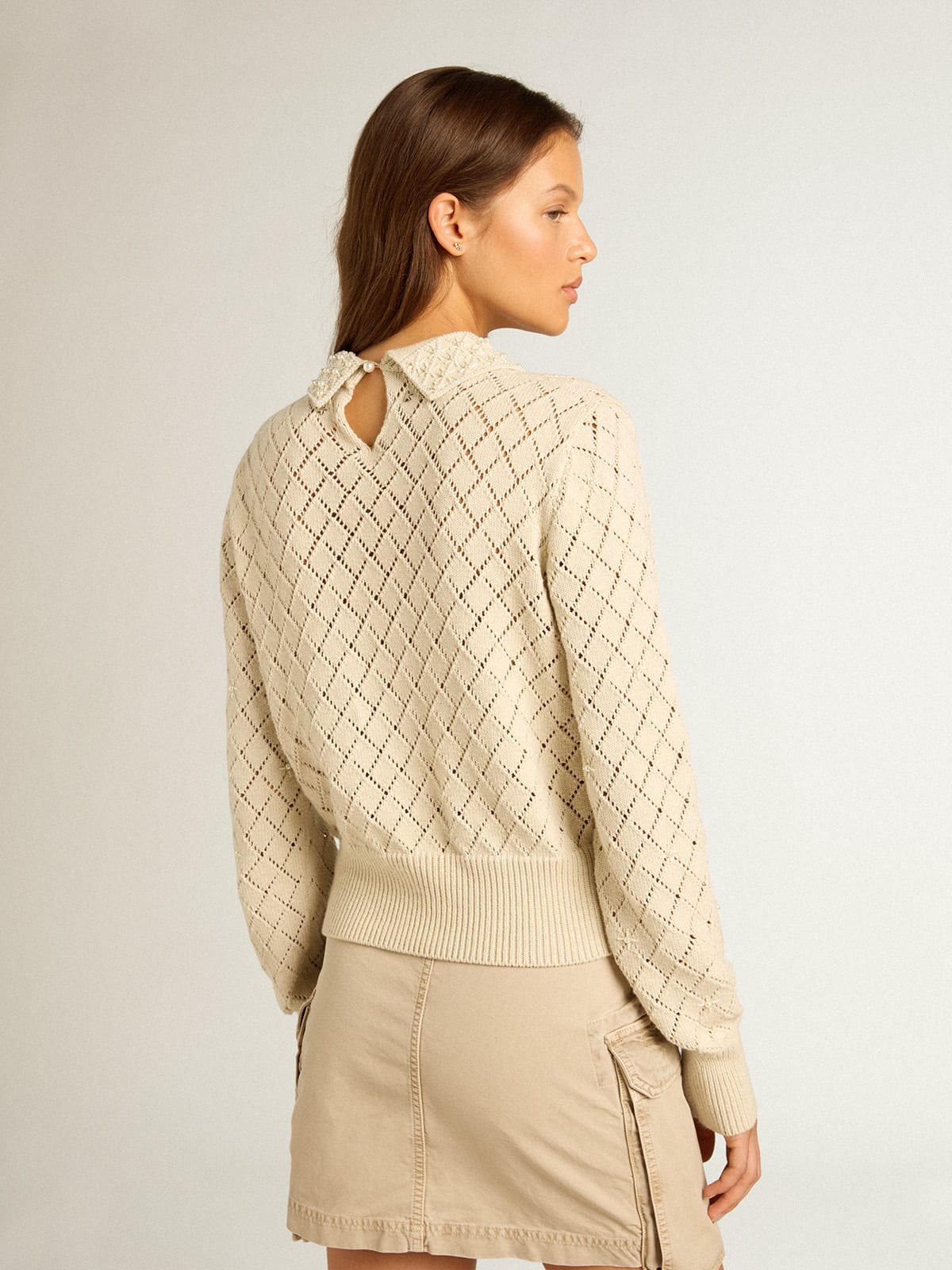 Panama-colored openwork cotton cropped sweater with pearl embroidery