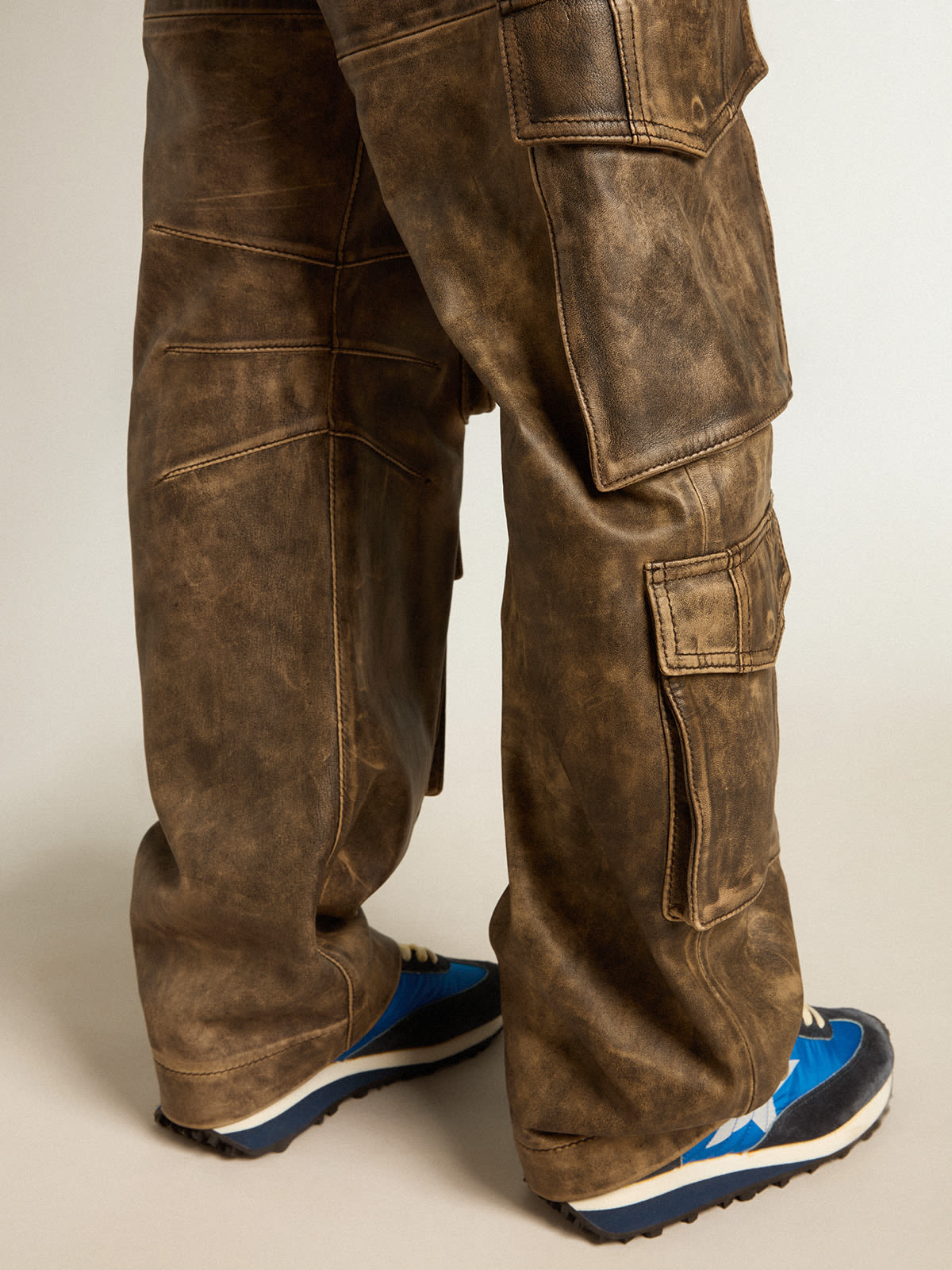 Women's aged brown nappa leather cargo pants