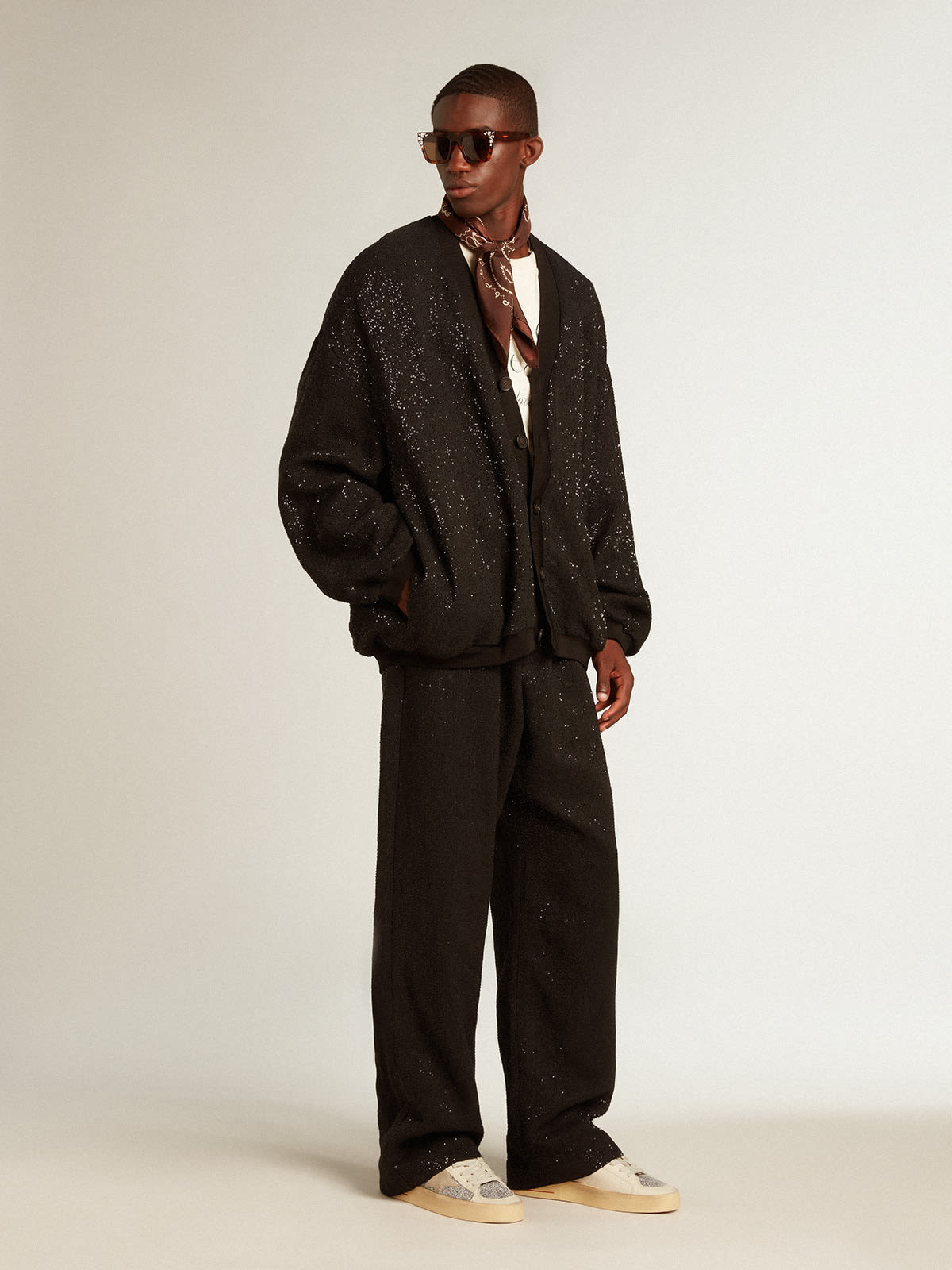 Men’s black joggers in linen blend with sequins