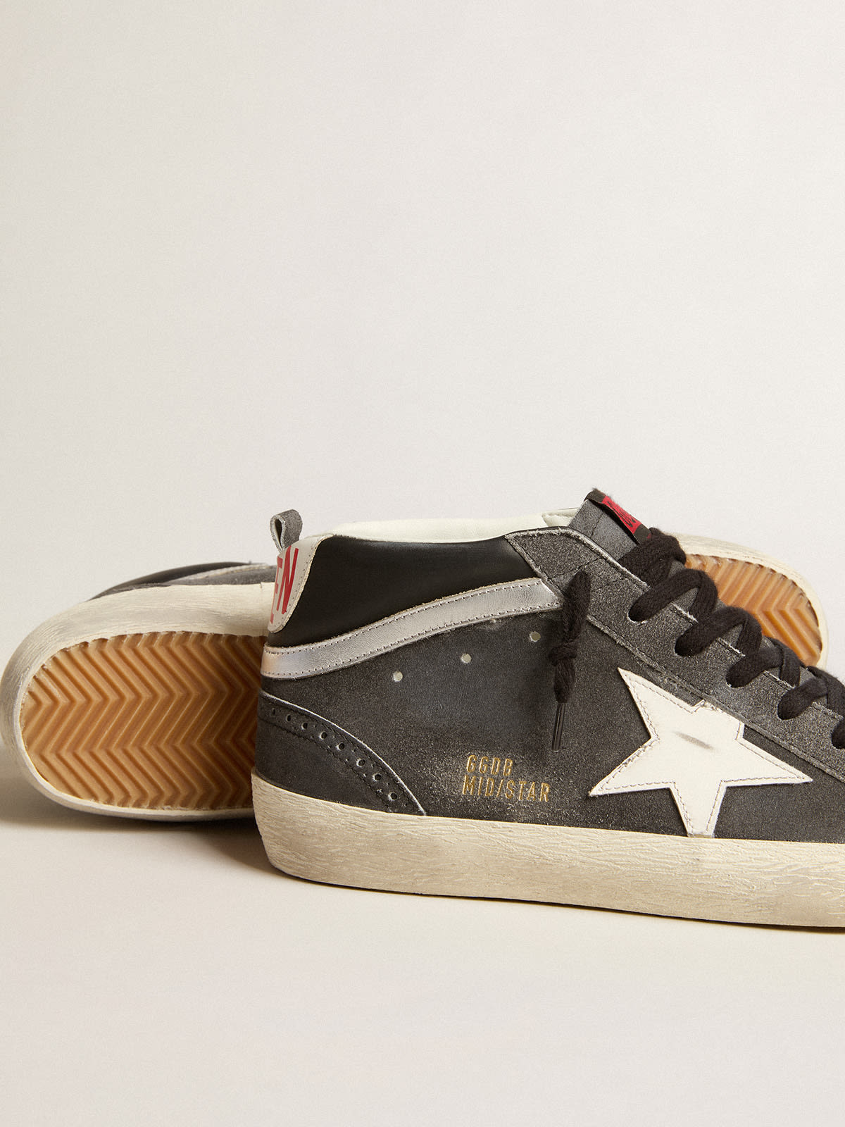 Golden Goose - Mid Star in black suede with white leather star and silver flash in 