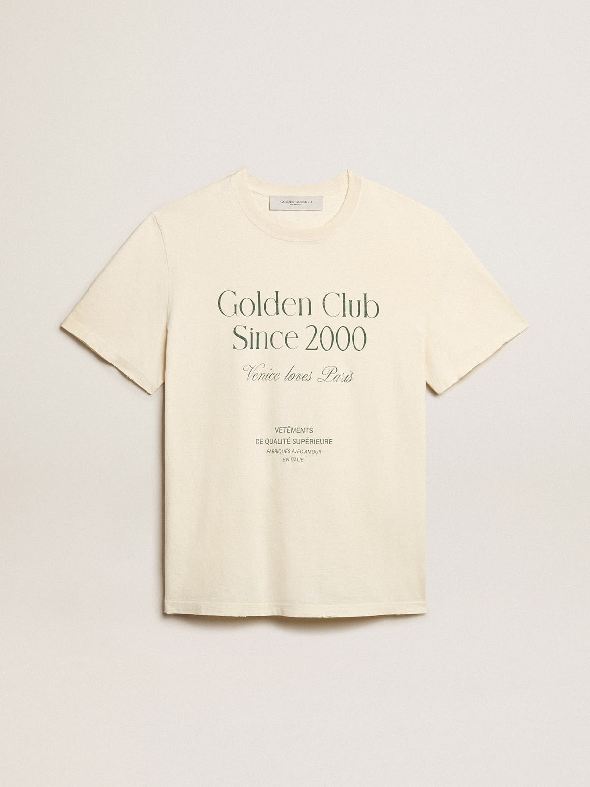 Golden Goose - Men’s cotton T-shirt in aged white with green lettering in 