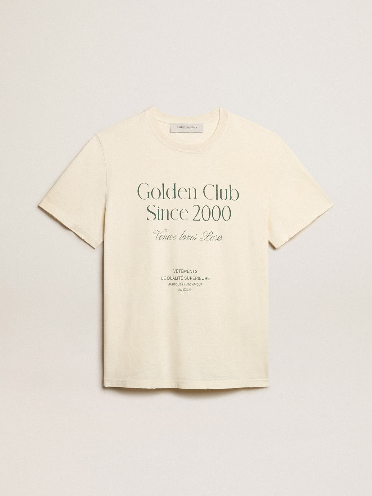 Men’s cotton T-shirt in aged white with green lettering