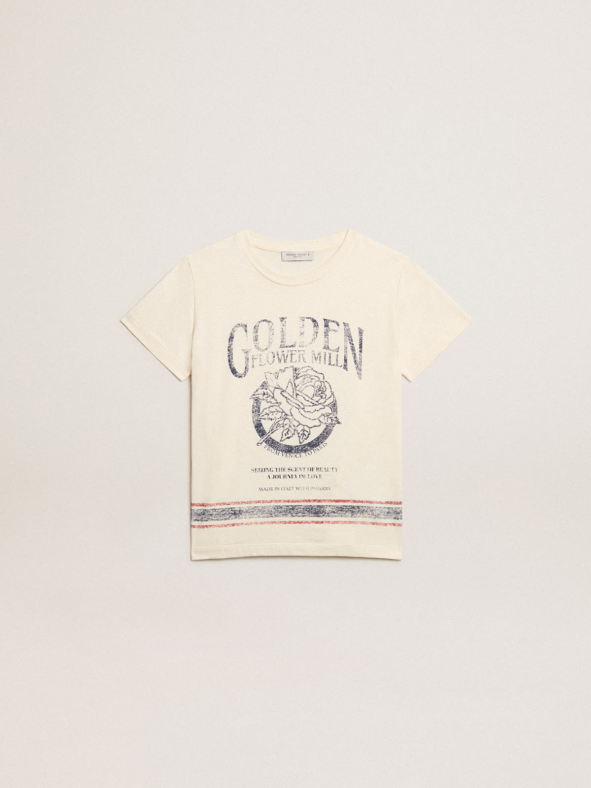 Boys' cotton T-shirt in aged white with faded print at the center