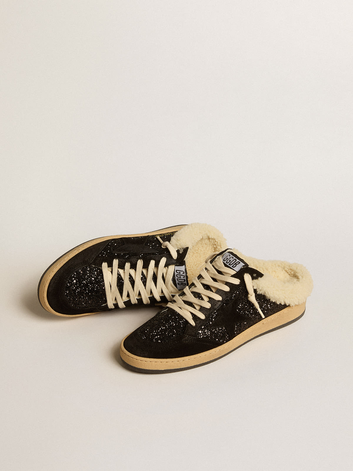 Ball Star Sabots in black glitter with black star and shearling lining |  Golden Goose