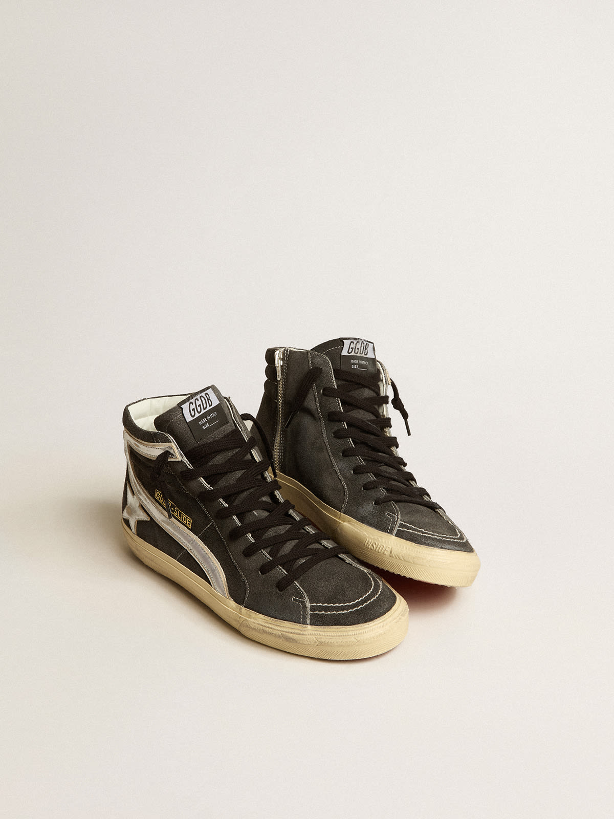 Golden Goose - Slide in black suede with silver metallic leather star and flash in 