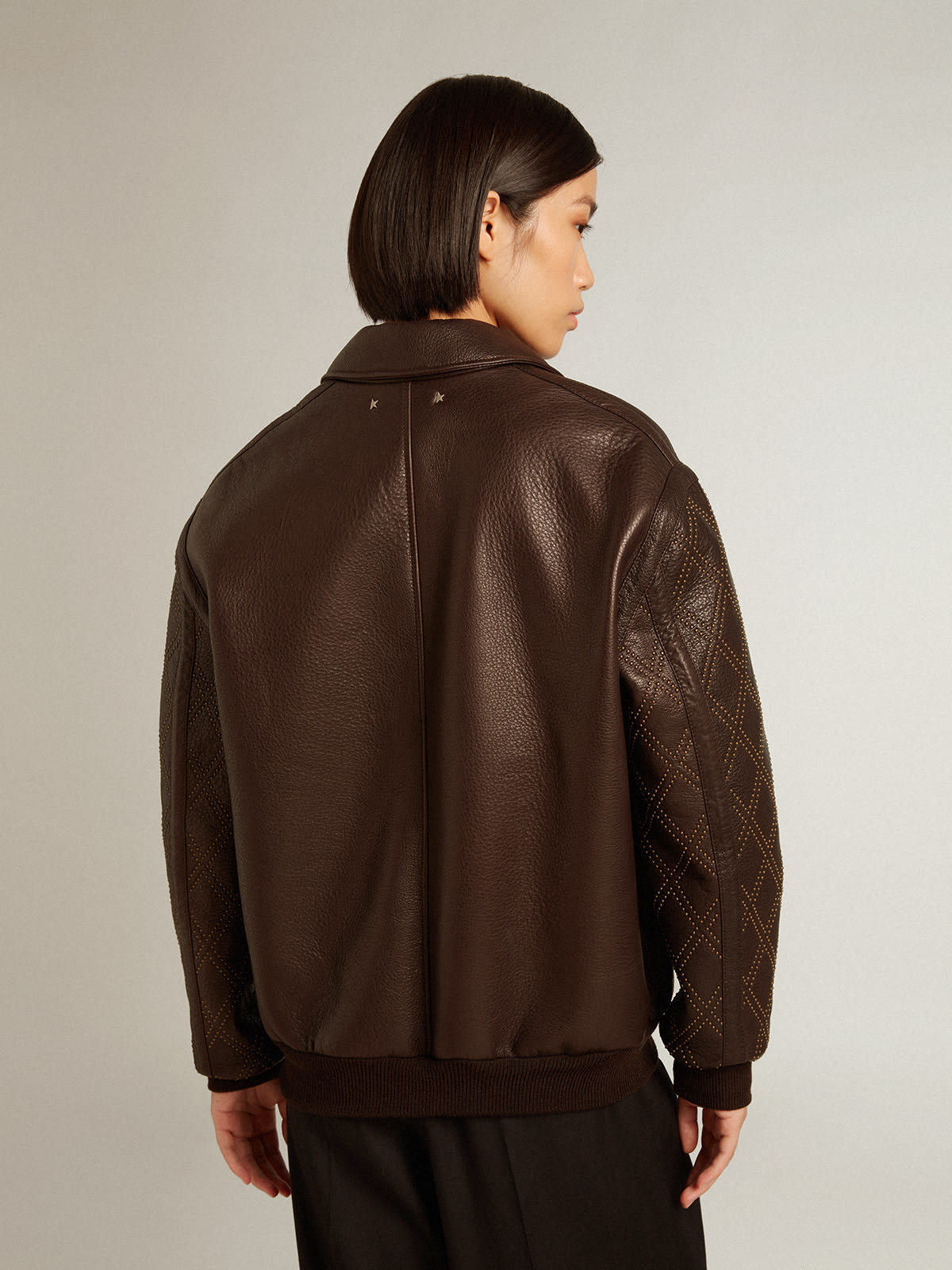 Brown nappa leather jacket with studded sleeves | Golden Goose