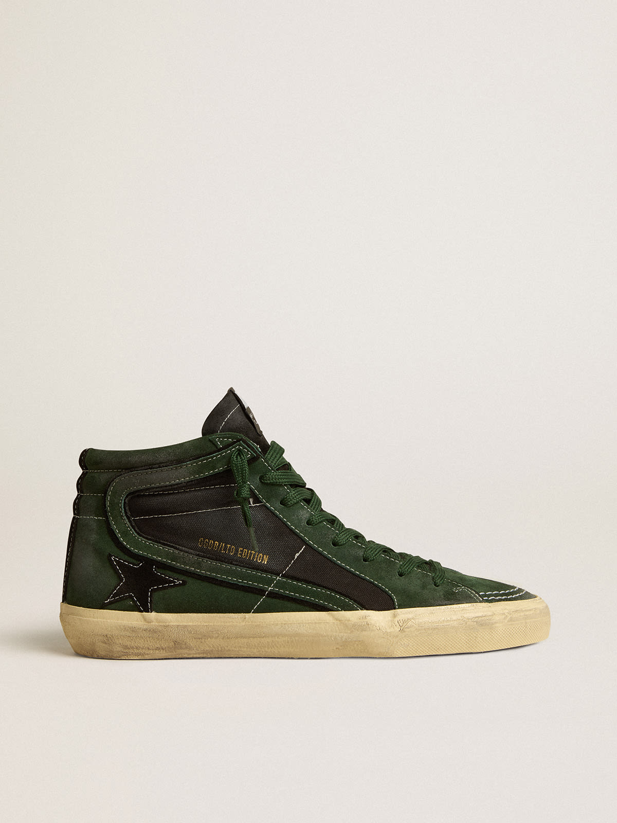 Slide LTD in green suede and black canvas with suede star and