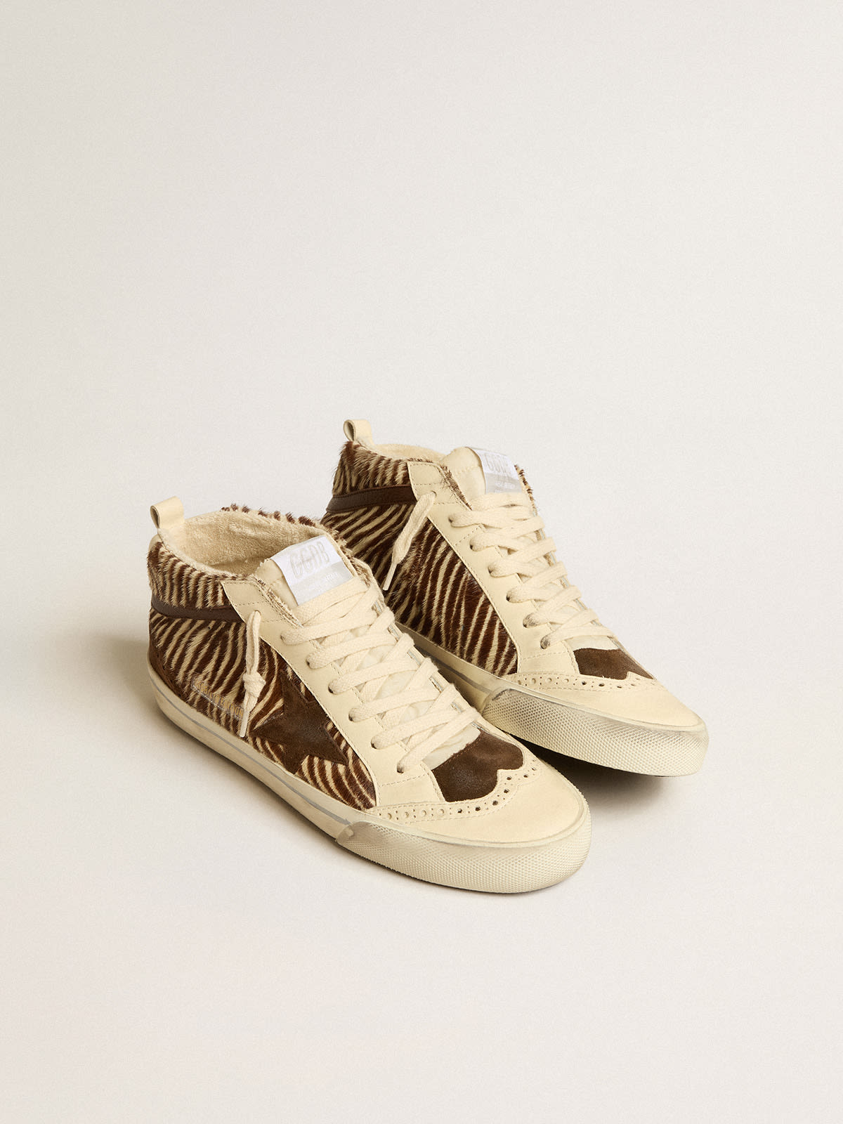 Mid Star in zebra-print pony skin with suede star and brown flash | Golden  Goose