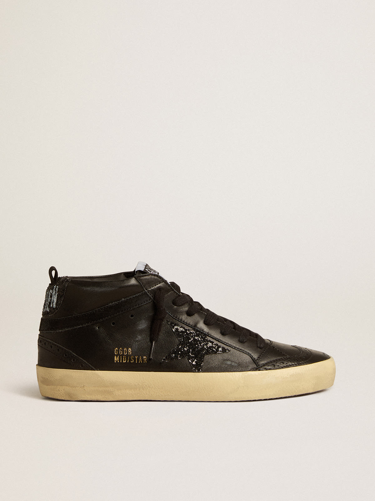Golden Goose - Mid Star in black nappa with black glitter star and suede flash in 