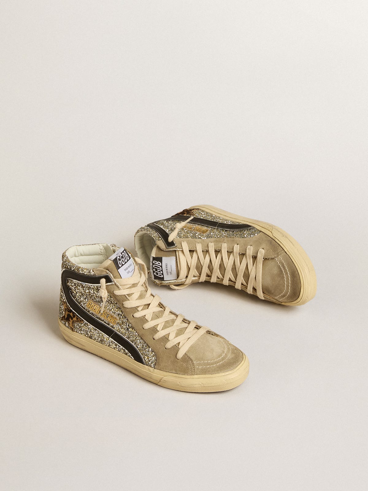 Slide in platinum glitter with leopard-print pony skin star and black flash  | Golden Goose