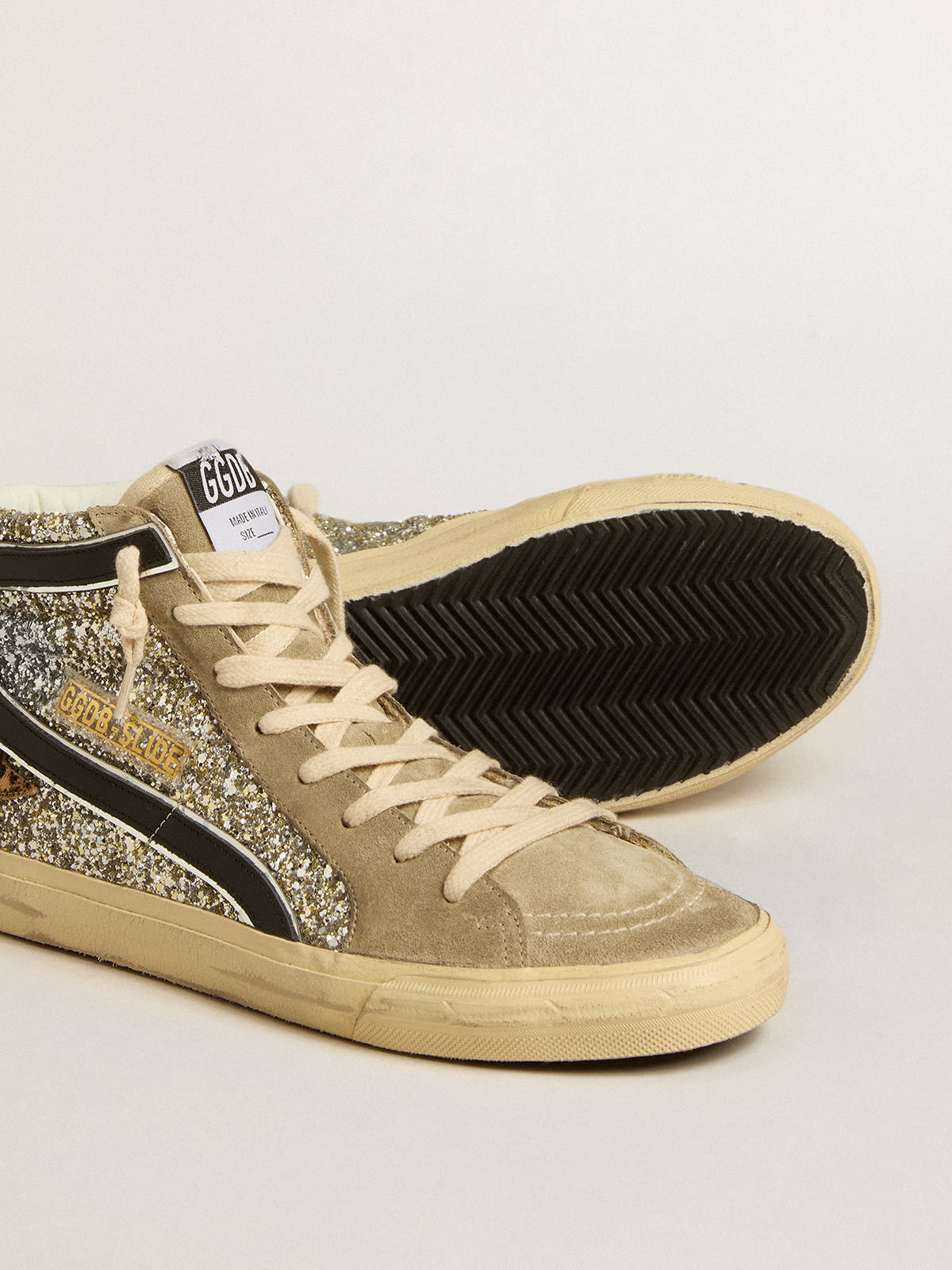 Slide in platinum glitter with leopard-print pony skin star and black flash  | Golden Goose