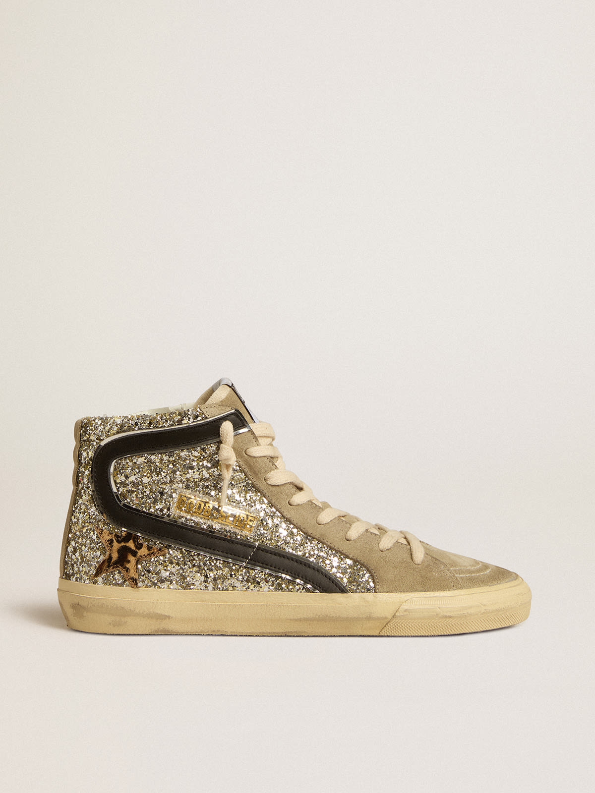 Slide in platinum glitter with leopard-print pony skin star and black flash  | Golden Goose