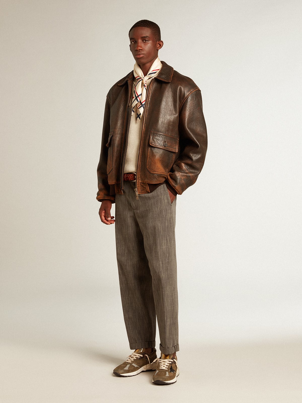 Aviator-style jacket in brown leather | Golden Goose