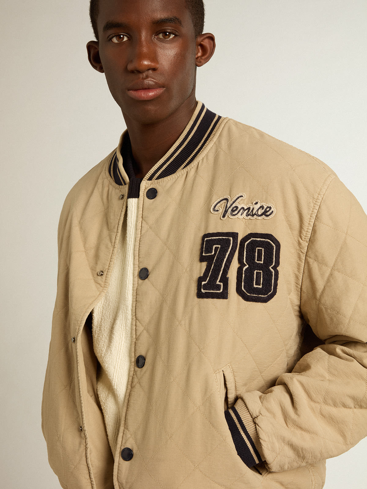 Khaki-colored quilted cotton bomber jacket | Golden Goose