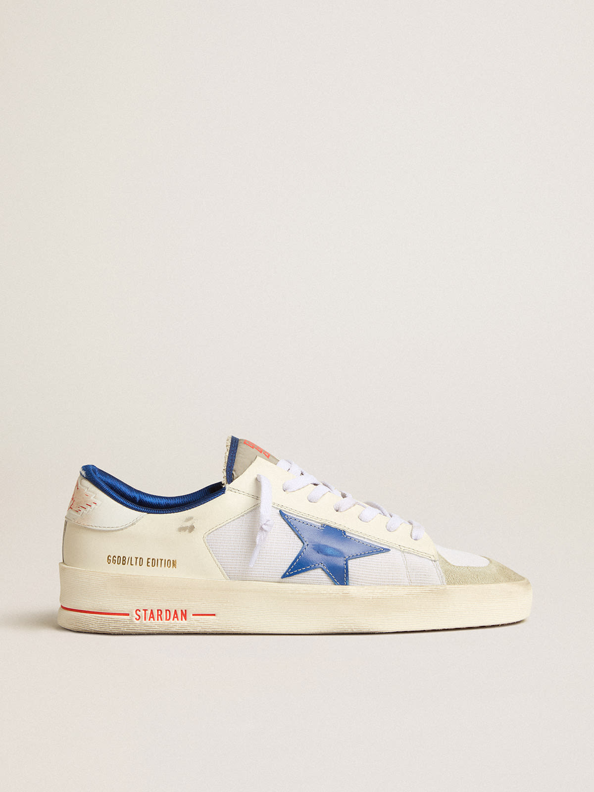 Stardan LTD in white mesh and leather with blue star and white heel tab |  Golden Goose