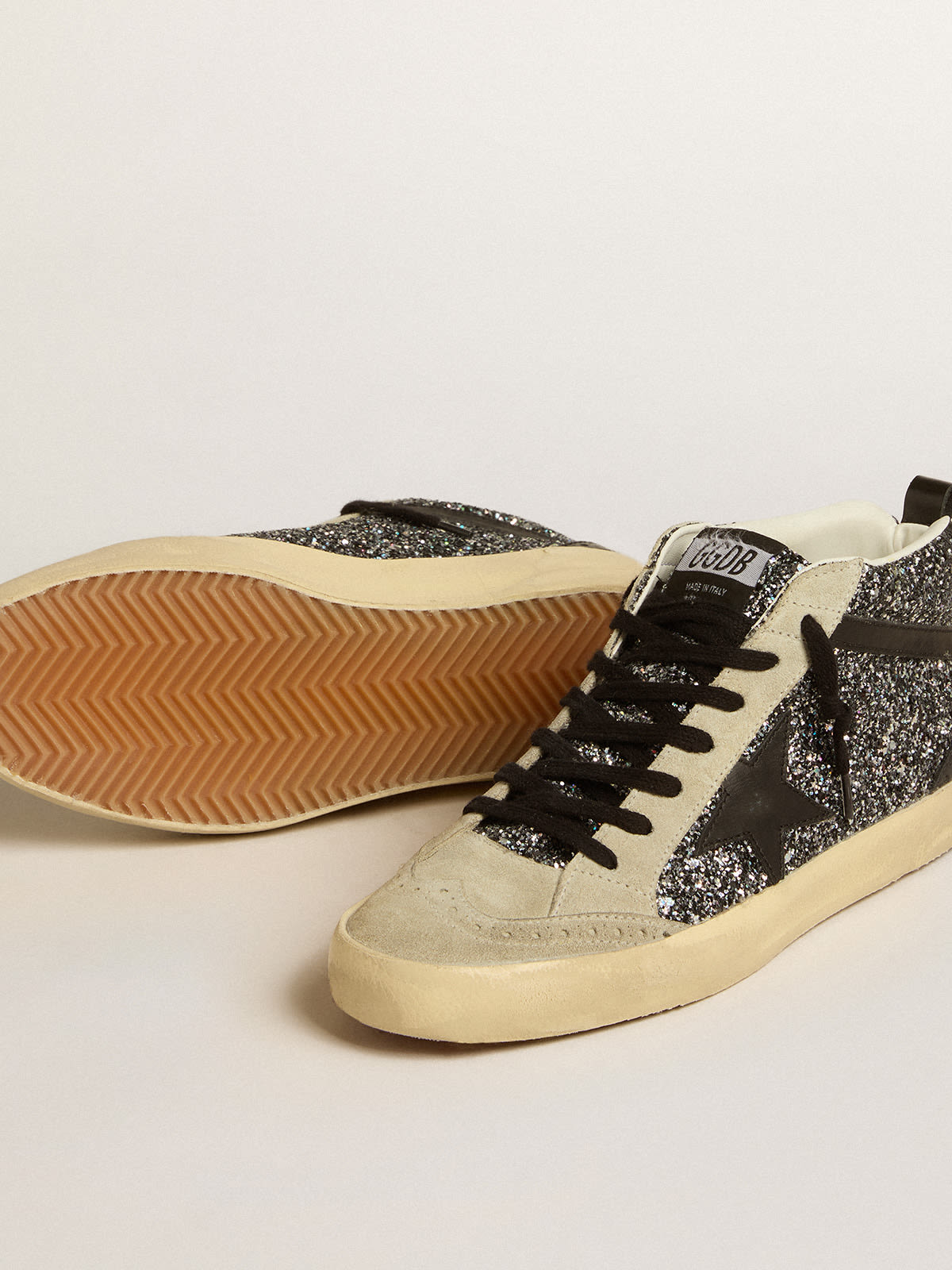 Mid Star LTD in black glitter with black leather star and flash | Golden  Goose