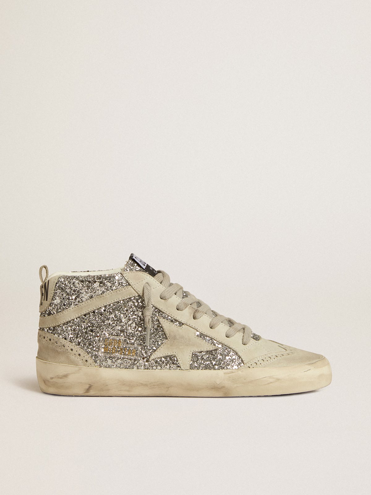 Mid Star in silver glitter with ice-gray suede star and flash | Golden Goose